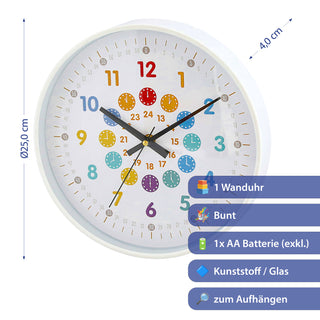 Kinder Wanduhr Zahlen Ø25x4cm Kunststoff Glas weiß bunt Dekouhr Uhr batteriebetrieben Kinderuhr zum Aufhängen kindgerecht