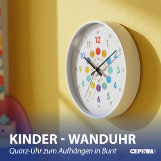 Kinder Wanduhr Zahlen Ø25x4cm Kunststoff Glas weiß bunt Dekouhr Uhr batteriebetrieben Kinderuhr zum Aufhängen kindgerecht