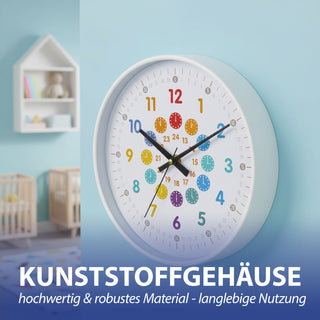 Kinder Wanduhr Zahlen Ø25x4cm Kunststoff Glas weiß bunt Dekouhr Uhr batteriebetrieben Kinderuhr zum Aufhängen kindgerecht