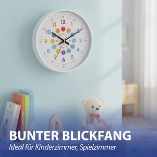 Kinder Wanduhr Zahlen Ø25x4cm Kunststoff Glas weiß bunt Dekouhr Uhr batteriebetrieben Kinderuhr zum Aufhängen kindgerecht