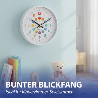 Kinder Wanduhr Zahlen Ø25x4cm Kunststoff Glas weiß bunt Dekouhr Uhr batteriebetrieben Kinderuhr zum Aufhängen kindgerecht
