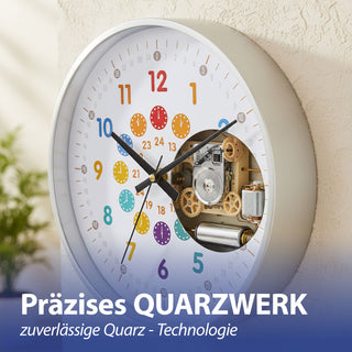 Kinder Wanduhr Zahlen Ø25x4cm Kunststoff Glas weiß bunt Dekouhr Uhr batteriebetrieben Kinderuhr zum Aufhängen kindgerecht