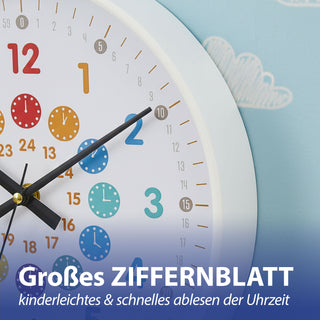 Kinder Wanduhr Zahlen Ø25x4cm Kunststoff Glas weiß bunt Dekouhr Uhr batteriebetrieben Kinderuhr zum Aufhängen kindgerecht