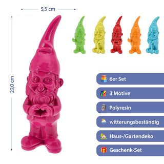 Gartenzwerg 6er Set Polyresin pink gelb grün rot orange türkis 5,5x20cm Dekofigur Gartenfigur Zwerg Gartenwichtel Beetwächter