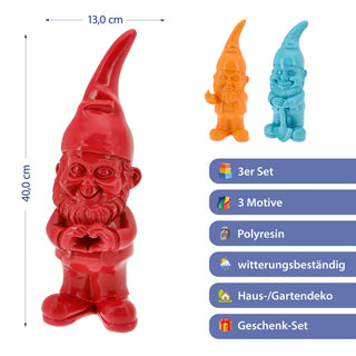 XL Gartenzwerg 3er Set Polyresin rot türkis orange 13x40x12cm Dekofigur Gartenfigur Zwerg Gartenwichtel Beetwächter