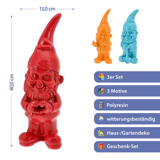 XL Gartenzwerg 3er Set Polyresin rot türkis orange 13x40x12cm Dekofigur Gartenfigur Zwerg Gartenwichtel Beetwächter