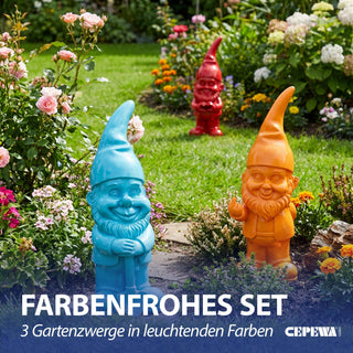 XL Gartenzwerg 3er Set Polyresin rot türkis orange 13x40x12cm Dekofigur Gartenfigur Zwerg Gartenwichtel Beetwächter