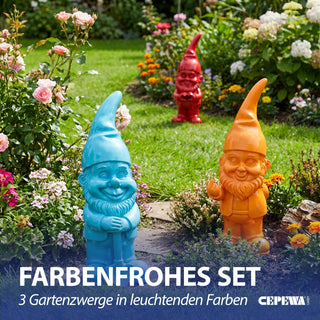 XL Gartenzwerg 3er Set Polyresin rot türkis orange 13x40x12cm Dekofigur Gartenfigur Zwerg Gartenwichtel Beetwächter
