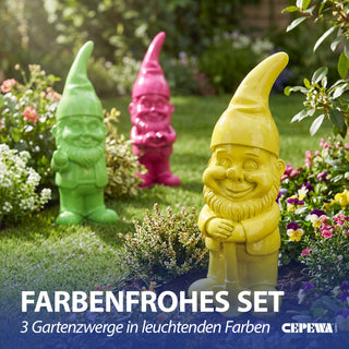 XL Gartenzwerg 3er Set Polyresin pink gelb grün 13x40x12cm Dekofigur Gartenfigur Zwerg Gartenwichtel Beetwächter