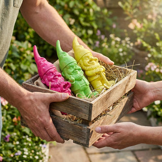 XXL Gartenzwerg 3er Set Polyresin pink gelb grün 20x60x16cm Dekofigur Gartenfigur Zwerg Gartenwichtel Beetwächter