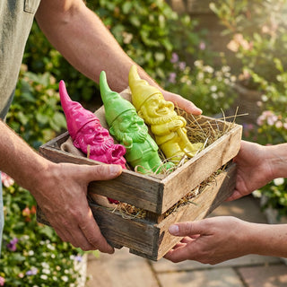 XXL Gartenzwerg 3er Set Polyresin pink gelb grün 20x60x16cm Dekofigur Gartenfigur Zwerg Gartenwichtel Beetwächter
