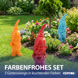 XXL Gartenzwerg 3er Set Polyresin rot türkis orange 20x60x16cm Dekofigur Gartenfigur Zwerg Gartenwichtel Beetwächter