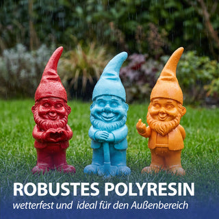 XXL Gartenzwerg 3er Set Polyresin rot türkis orange 20x60x16cm Dekofigur Gartenfigur Zwerg Gartenwichtel Beetwächter