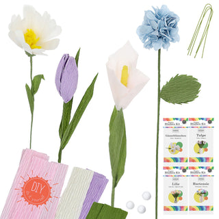 Papierblumen Bastelset DIY 4er Set Krepppapier Styropor mehrfarbig 13,5x26x2cm Tulpe Lilie Gänseblümchen Hortensie Kreativset Dekoblumen selber machen