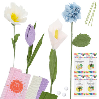 Papierblumen Bastelset DIY 4er Set Krepppapier Styropor mehrfarbig 13,5x26x2cm Tulpe Lilie Gänseblümchen Hortensie Kreativset Dekoblumen selber machen