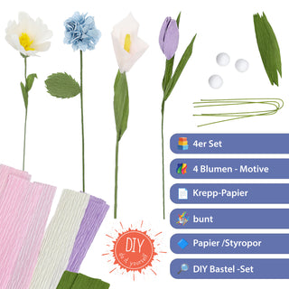 Papierblumen Bastelset DIY 4er Set Krepppapier Styropor mehrfarbig 13,5x26x2cm Tulpe Lilie Gänseblümchen Hortensie Kreativset Dekoblumen selber machen