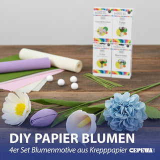 Papierblumen Bastelset DIY 4er Set Krepppapier Styropor mehrfarbig 13,5x26x2cm Tulpe Lilie Gänseblümchen Hortensie Kreativset Dekoblumen selber machen