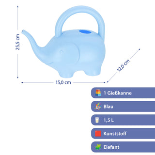 Gießkanne Elefant Kunststoff hellblau 24x20x12cm 1,5 Liter Kinder-Gießkanne Kanne Wasserkanne Gartenzubehör Motivkanne zum Gießen für Blumen