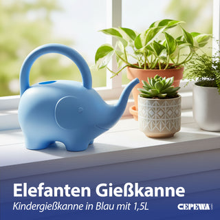 Gießkanne Elefant Kunststoff hellblau 24x20x12cm 1,5 Liter Kinder-Gießkanne Kanne Wasserkanne Gartenzubehör Motivkanne zum Gießen für Blumen