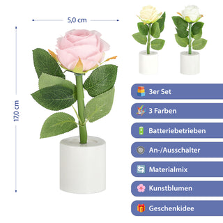 LED Rosen 3er Set Polyester PE 5x17cm creme weiß rosa batteriebetrieben An-/Ausschalter Dekolicht Blume Leuchtrose künstliche Rose mit Blättern
