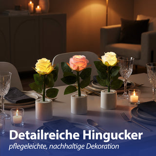 LED Rosen 3er Set Polyester PE 5x17cm creme weiß rosa batteriebetrieben An-/Ausschalter Dekolicht Blume Leuchtrose künstliche Rose mit Blättern