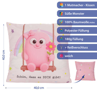 Kissen Mutmacher gelb / rosa / flieder / blau 40x40cm Baumwolle 180g Polyesterfüllung Reißverschluss Kuschelkissen einseitig bedruckt