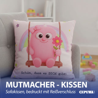 Kissen Mutmacher gelb / rosa / flieder / blau 40x40cm Baumwolle 180g Polyesterfüllung Reißverschluss Kuschelkissen einseitig bedruckt