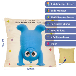 Kissen Mutmacher gelb / rosa / flieder / blau 40x40cm Baumwolle 180g Polyesterfüllung Reißverschluss Kuschelkissen einseitig bedruckt