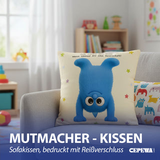 Kissen Mutmacher gelb / rosa / flieder / blau 40x40cm Baumwolle 180g Polyesterfüllung Reißverschluss Kuschelkissen einseitig bedruckt