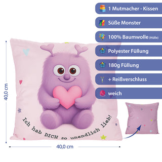 Kissen Mutmacher gelb / rosa / flieder / blau 40x40cm Baumwolle 180g Polyesterfüllung Reißverschluss Kuschelkissen einseitig bedruckt