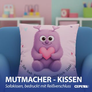 Kissen Mutmacher gelb / rosa / flieder / blau 40x40cm Baumwolle 180g Polyesterfüllung Reißverschluss Kuschelkissen einseitig bedruckt