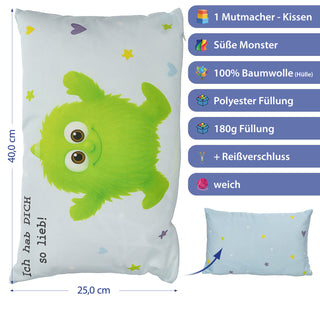 Kissen Mutmacher rosa / flieder / hellblau / blau 40x25cm Baumwolle 180g Polyesterfüllung Reißverschluss Kuschelkissen einseitig bedruckt