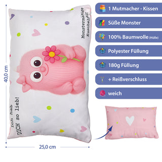Kissen Mutmacher rosa / flieder / hellblau / blau 40x25cm Baumwolle 180g Polyesterfüllung Reißverschluss Kuschelkissen einseitig bedruckt