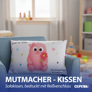 Kissen Mutmacher rosa / flieder / hellblau / blau 40x25cm Baumwolle 180g Polyesterfüllung Reißverschluss Kuschelkissen einseitig bedruckt