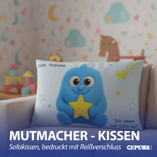 Kissen Mutmacher rosa / flieder / hellblau / blau 40x25cm Baumwolle 180g Polyesterfüllung Reißverschluss Kuschelkissen einseitig bedruckt