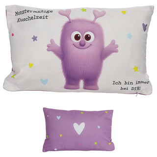 Mini Kissen Mutmacher 4er Set 12x12cm Baumwolle 40g Polyesterfüllung Reißverschluss Kuschelkissen einseitig bedruckt 4 Designs