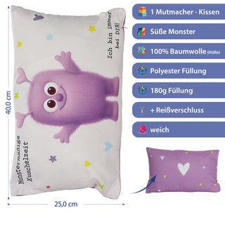 Mini Kissen Mutmacher 4er Set 12x12cm Baumwolle 40g Polyesterfüllung Reißverschluss Kuschelkissen einseitig bedruckt 4 Designs