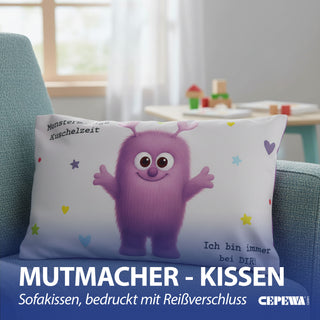 Mini Kissen Mutmacher 4er Set 12x12cm Baumwolle 40g Polyesterfüllung Reißverschluss Kuschelkissen einseitig bedruckt 4 Designs