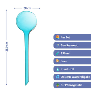 Bewässerungskugel 4er Set 7x28cm Kunststoff blau Fassungsvermögen 250ml Bewässerungssystem Durstkugel Wasserspender