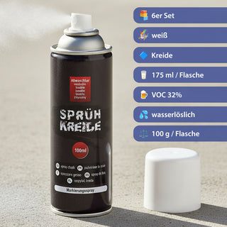 6/24x Kreidespray Weiß Set 4,5x15x5cm VOC 32% Dosenvolumen 175ml Sprühkreide Markierungsspray Dosenspray wasserlöslich Kreidefarbe temporär