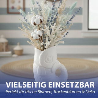 Vase Fisch 'Blubb' 12x13x7cm Dolomit weiß/blau/türkis Blumenvase Dekovase Tischvase Fischform Fischmaul Henkel