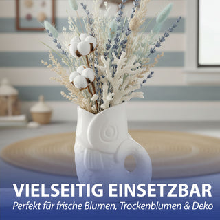 Vase Fisch 'Blubb' 12x13x7cm Dolomit weiß/blau/türkis Blumenvase Dekovase Tischvase Fischform Fischmaul Henkel