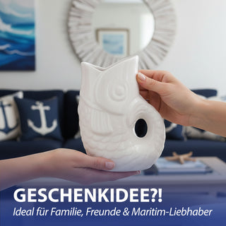 Vase Fisch 'Blubb' 12x13x7cm Dolomit weiß/blau/türkis Blumenvase Dekovase Tischvase Fischform Fischmaul Henkel