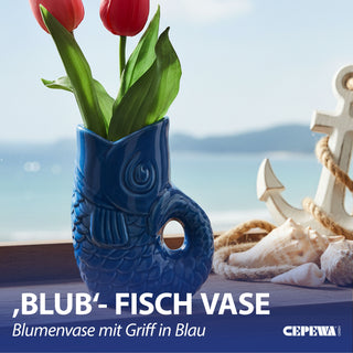 Vase Fisch 'Blubb' 12x13x7cm Dolomit blau Blumenvase Dekovase Tischvase Fischform Fischmaul Henkel