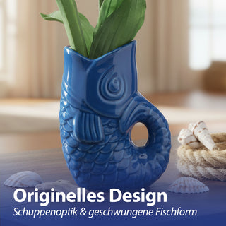 Vase Fisch 'Blubb' 12x13x7cm Dolomit blau Blumenvase Dekovase Tischvase Fischform Fischmaul Henkel