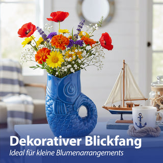 Vase Fisch 'Blubb' 12x13x7cm Dolomit blau Blumenvase Dekovase Tischvase Fischform Fischmaul Henkel
