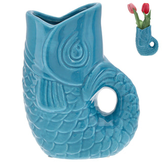 Vase Fisch 'Blubb' 13,5x21x9cm Dolomit türkis Blumenvase Dekovase Tischvase Fischform Fischmaul Henkel