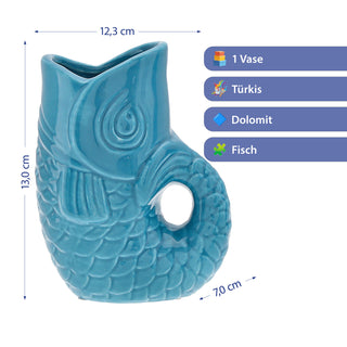 Vase Fisch 'Blubb' 13,5x21x9cm Dolomit türkis Blumenvase Dekovase Tischvase Fischform Fischmaul Henkel
