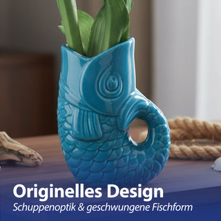 Vase Fisch 'Blubb' 13,5x21x9cm Dolomit türkis Blumenvase Dekovase Tischvase Fischform Fischmaul Henkel