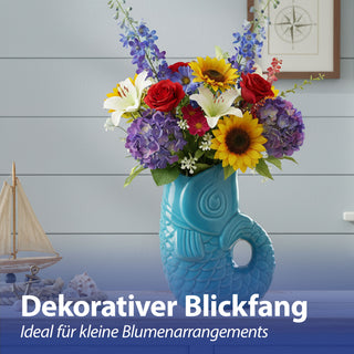 Vase Fisch 'Blubb' 13,5x21x9cm Dolomit türkis Blumenvase Dekovase Tischvase Fischform Fischmaul Henkel